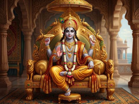 Lord Krishna as Dwarkadhish Seated Upon the Royal Throne of Dwarka Symbolizing Divine Kingship Wisdom Prosperity and Righteous Rule