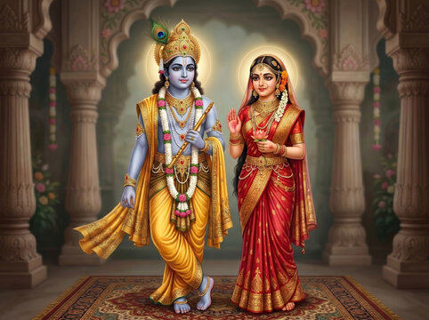Lord Krishna and Queen Rukmini Standing Together in the Royal Palace of Dwarka Representing Divine Marriage Prosperity and Eternal Devotion