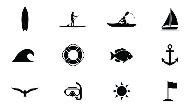 Minimalist black and white icons showcase diverse water sports and nautical themes for modern branding