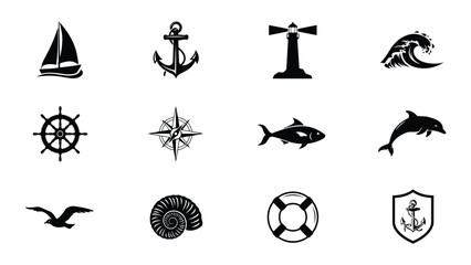 Nautical themed icons set showcasing adventure and maritime lifestyle with sailboat anchor lighthouse wave ship wheel compass fish dolphin seagull seashell life buoy © Suranjana