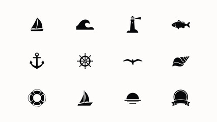 Minimalist nautical icons set featuring sailing boat anchor life buoy and coastal elements for travel branding © Suranjana