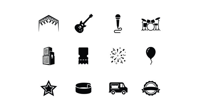 Modern black and white icon set showcasing vibrant celebration and entertainment elements for promotional designs