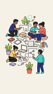 Multicultural youth engage in digital learning and creative activities with laptops and gadgets
