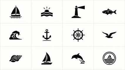 Obraz premium Minimalist nautical themed icons showcase diverse maritime adventure elements in sleek black