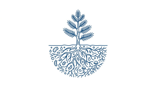 Detailed illustration of a plant with extensive root system and soil microorganisms.