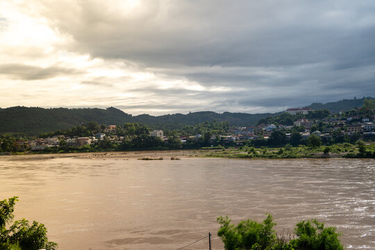 Scenic Mekong River landscape with Huay Xai Laos viewed from Thailand