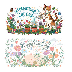 Fototapeta premium international cat day Cat watering flowers on