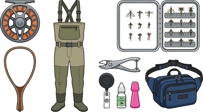 Fly Fishing Equipment Collection with Fly Reel, Waders, Landing Net, Fly Box, Waist Pack and Angling Accessories Vector Illustration Set