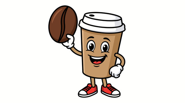 Happy Cartoon Coffee Cup Character Holding a Coffee Bean.