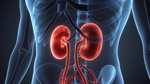 Human body with highlighted kidneys and urinary system