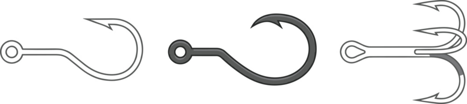 Fishing Hook Collection with Single Hook, Jig Hook and Treble Hook for Angling, Tackle and Sport Fishing Vector Illustration Set