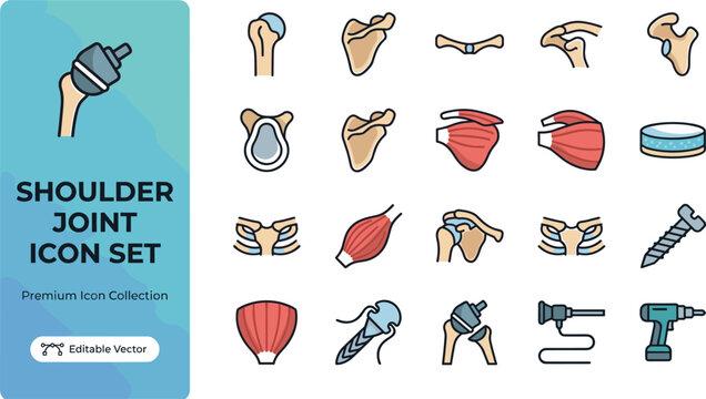 Shoulder joint medical illustration icon set with surgical tools