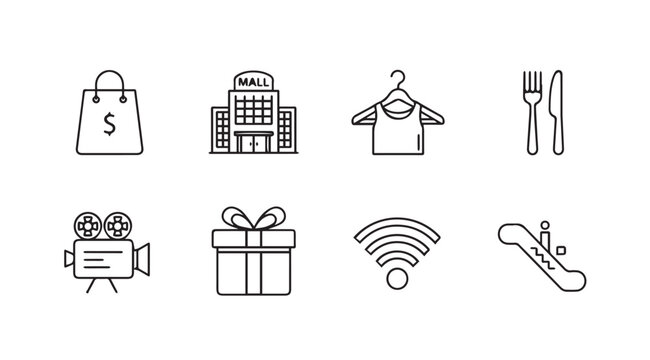 Shopping mall icons with gift store and dining for retail business concepts on white background