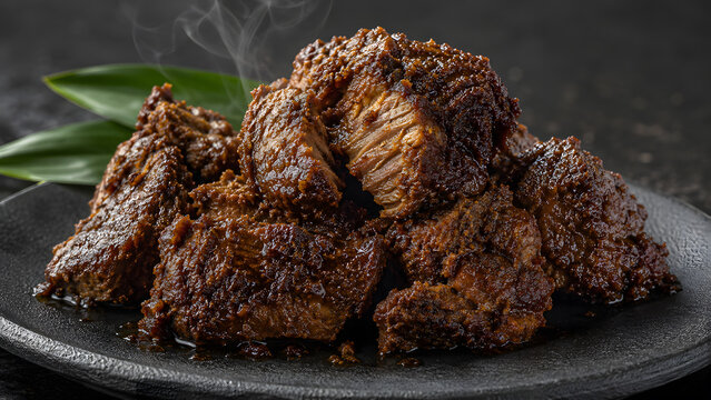 A plate of steaming slow-cooked Indonesian beef rendang with rich dark spices and green leaves on a dark stone plate, showcasing traditional culinary heritage and culture.