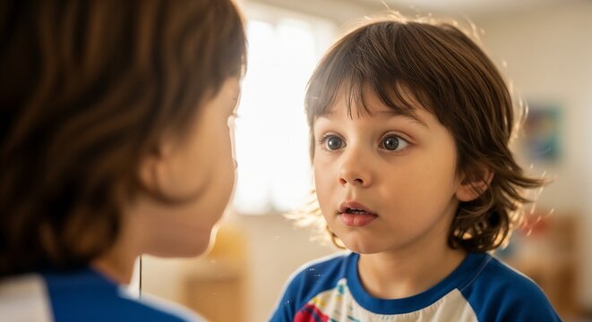 Child looking at reflection in mirror with curious expression, exploring self-identity and emotions in calming room light. Reflective moment captures child's interaction with self-image,