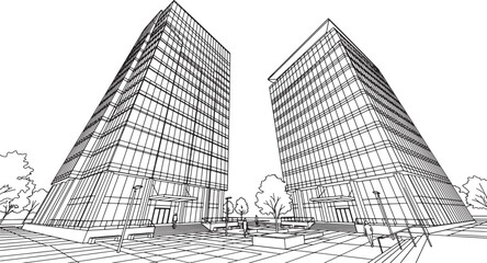 Fototapeta premium Modern office building complex architectural sketch with glass facade and urban plaza in black and white vector