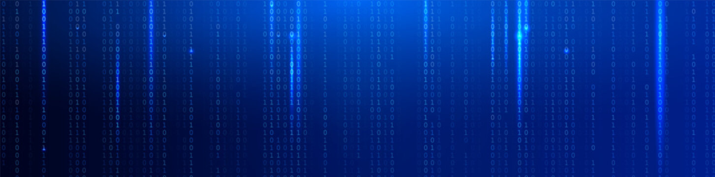 Blue Binary Data Software Programming Code Background. Random Parts of Program Code. Digital Data Technology Concept. 1 0 Machine Code. Random Binary Data Matrix Wide Vector Illustration