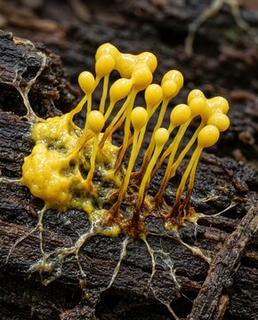 Macro of yellow slime mold protoplasm rising into developing stalks on decaying wood