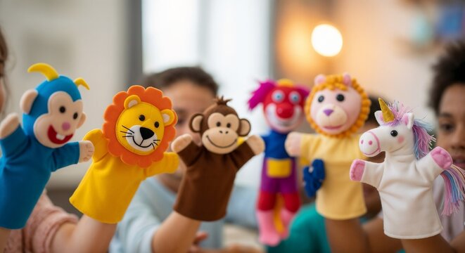 Colorful puppet show with various hand puppets including monkey, lion, clown, and unicorn being enjoyed by children. Puppet play encourages creativity and imagination in educational settings.