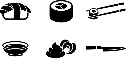 Japanese Sushi Food Icon Set with Nigiri Maki Chopsticks Soy Sauce Wasabi Ginger and Knife Silhouette Vectors for Restaurant Menu Graphic Designs © DabashChandra