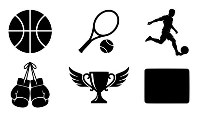 Sports and fitness icon set featuring basketball tennis racket soccer player boxing gloves and winged trophy silhouettes © MdBarat