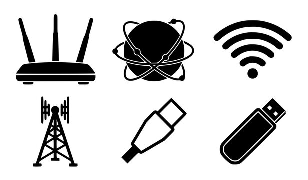 Network and wireless technology icon set featuring internet router global satellite signal tower cables and usb drive