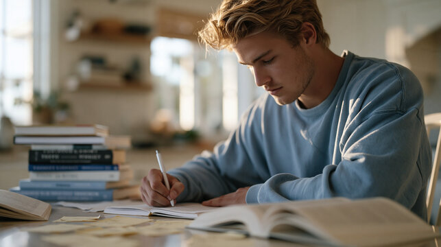 Young adult journaling at a kitchen table surrounded by sticky notes with theological questions, highlighted scripture passages and secular philosophy books stacked together,