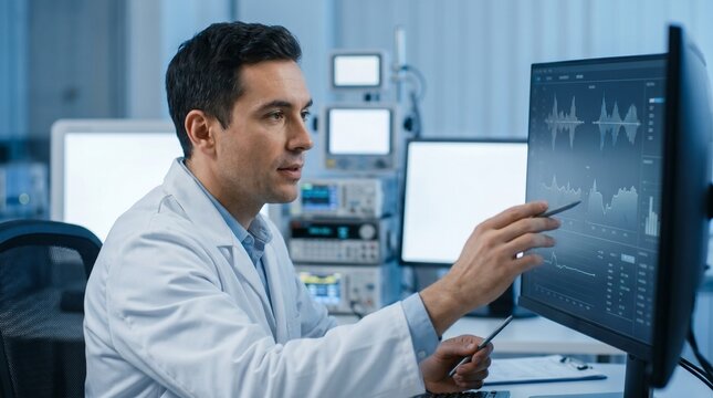 Earthquake monitoring lab, Seismology scientist, Seismic data analysis, Disaster prediction research, Technology background, Selective focus, Premium science photo