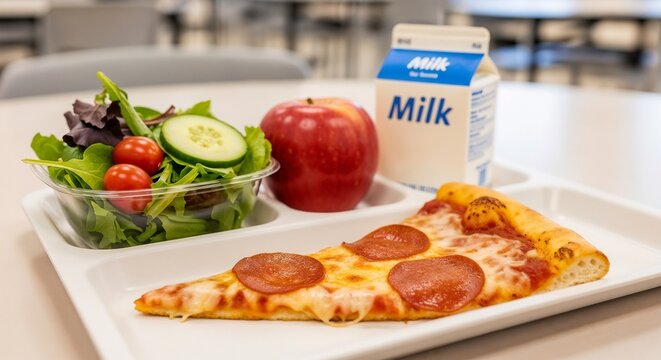 School lunch with pepperoni pizza, fresh salad, apple, and milk carton on tray. School lunch features tasty pepperoni pizza, colorful salad with lettuce, tomatoes, and cucumbers,