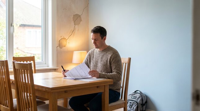 Earthquake insurance claim, Homeowner paperwork, Property damage recovery, Living room wall crack, Personal finance concept, Copy space, Calm lifestyle scene