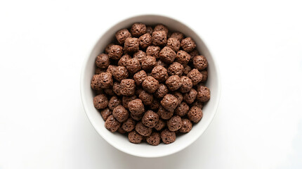 Fototapeta premium Chocolate Cereal Balls In White Bowl Top View Healthy Breakfast Snack Food Concept