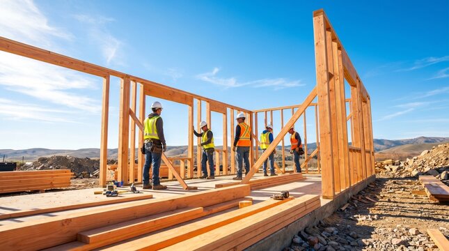 Earthquake rebuilding project, Construction recovery crew, Community resilience concept, New wooden framing, Disaster repair site, Blue sky copy space, Optimistic work