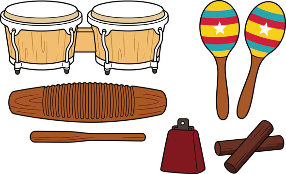 Latin Percussion Instrument Collection with Bongos, Maracas, Guiro, Cowbell, Claves and Rhythm Music Vector Illustration Set