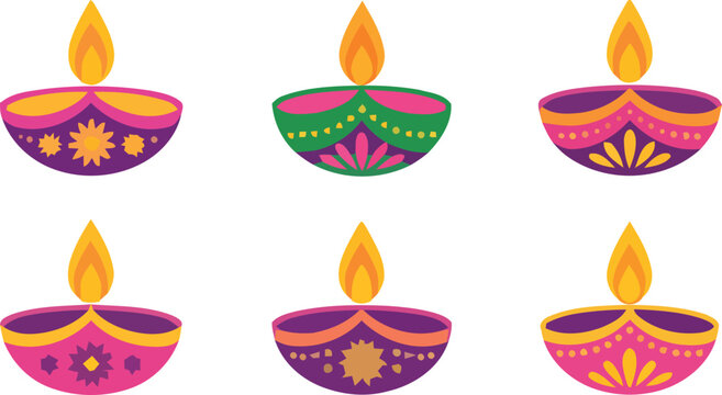 Traditional Diwali Clay Diya Oil Lamps Clipart Set