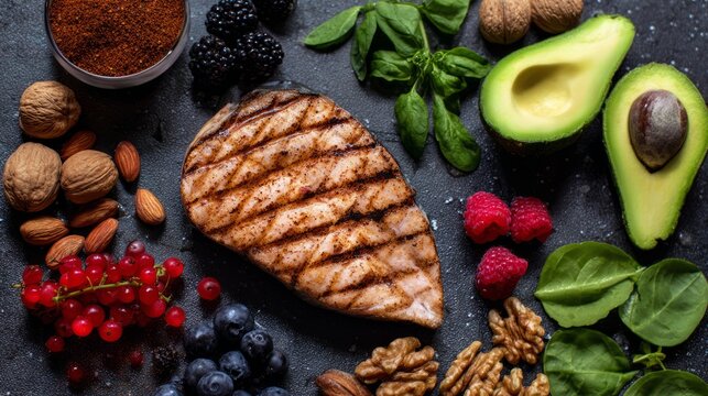 Flat lay of grilled salmon, walnuts, berries, and avocado, clean eating nutrition concept.
