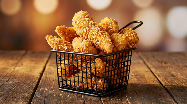 Crispy Fried Chicken Nuggets In Black Wire Basket On Wooden Table Background