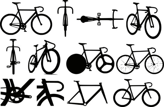 Track Fixed Gear Bicycle Disc Wheel Silhouettes Vector Set Isolated