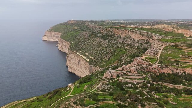 In Malta's Dingli Cliffs area, steep limestone escarpments and Mediterranean shoreline combine with terraced rural fields and shrubs in a coastal landscape seen from a bird's-eye view.