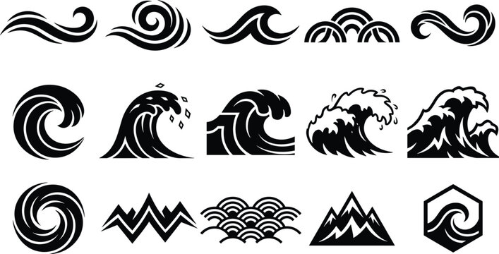 Ocean wave and water swirl silhouette collection featuring Japanese inspired sea, surf, mountain, and nature vector design elements