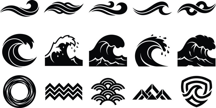 Ocean wave silhouette collection featuring surfing waves, water swirls, Japanese sea patterns, and marine logo vector design elements