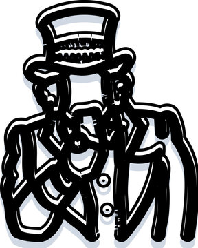Abraham lincoln silhouette with signature stovepipe hat and coat, bold expressive brushstroke texture in stark black and white, minimalist historic leadership symbol