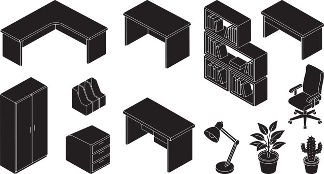 Isometric office furniture set with desks chairs shelves and decor elements in black and white vector style