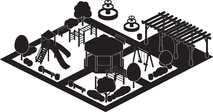 Isometric park layout with playground equipment and gazebo in black silhouette style for urban planning design