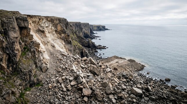 Earthquake cliff collapse, Coastal rockfall landscape, Landslide disaster background, Seismic erosion scene, Calm ocean horizon, Copy space, Realistic geology