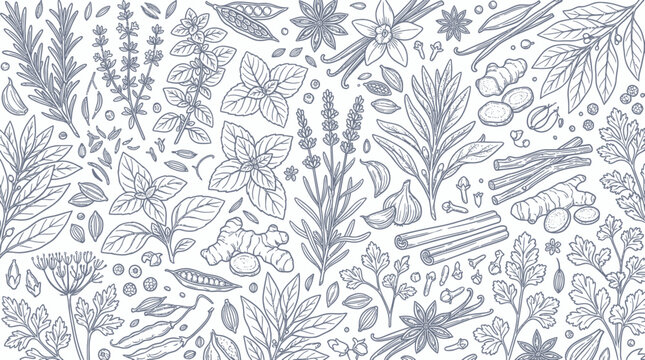 Hand drawn herbal and spice pattern with culinary ingredients