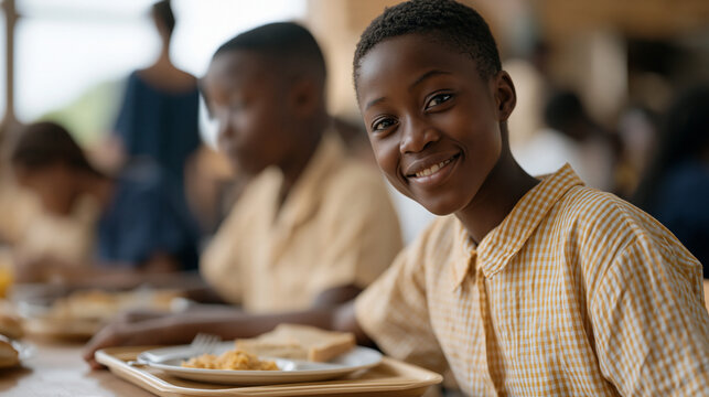 Ghanaian teenage girl at a school cafeteria table slides her lunch tray toward a classmate eating alone, spontaneous act of inclusion, both looking surprised and then smiling,