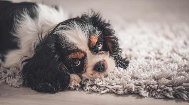 Fluffy tricolor puppy sitting on rug, pet adoption concept.
