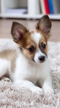 Fluffy tricolor puppy sitting on rug, pet adoption concept.
