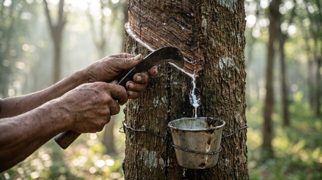 Rubber tapper collecting latex