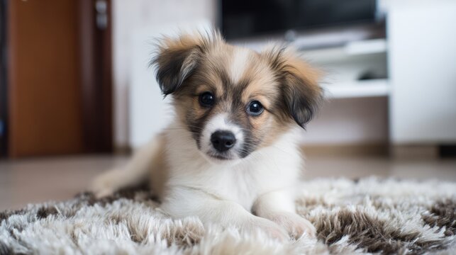 Fluffy tricolor puppy sitting on rug, pet adoption concept.
